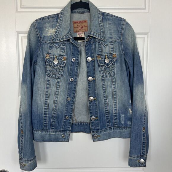 True Religion World Tour Women’s Jimmy Denim Trucker Jacket Blue Size XS - Picture 1 of 6